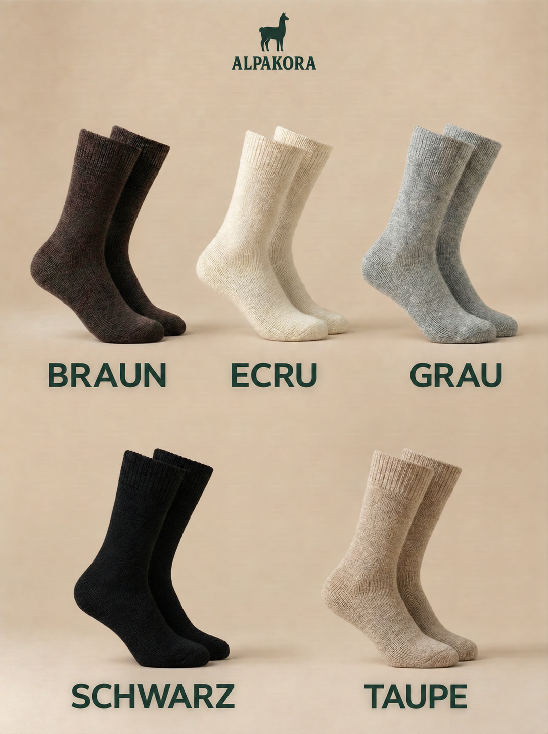Alpaka-Wintersocken in Braun, Ecru, Grau, Schwarz und Taupe