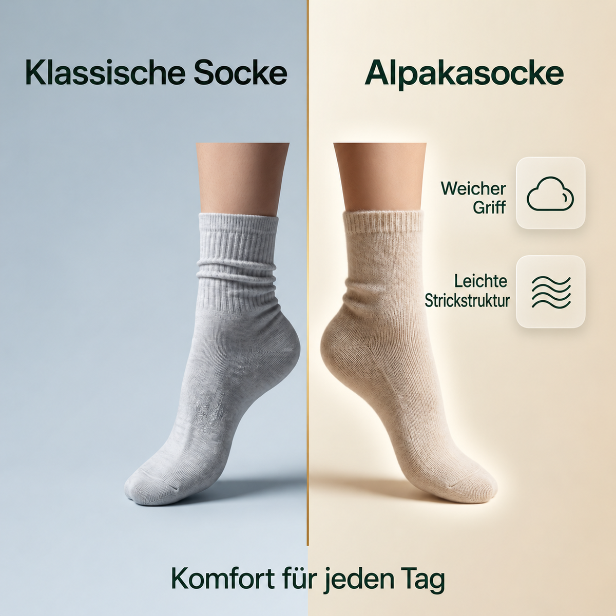 Leichte Alpakasocken – Strickstruktur im Vergleich