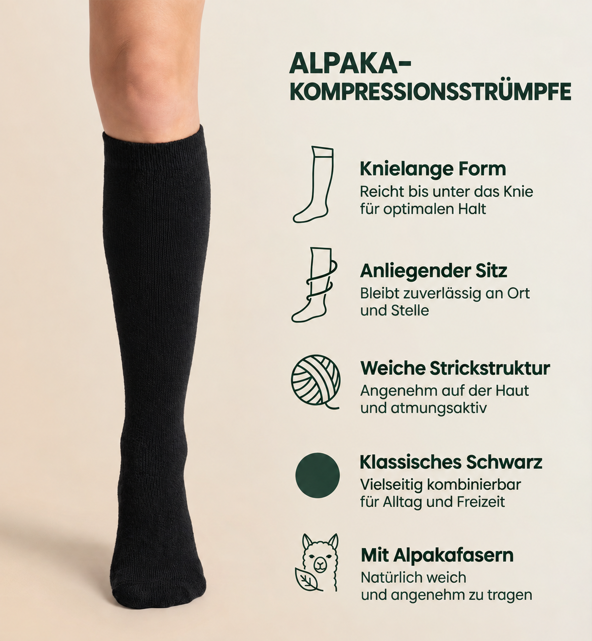 Alpaka-Kompressionsstrümpfe – Form und Materialdetails